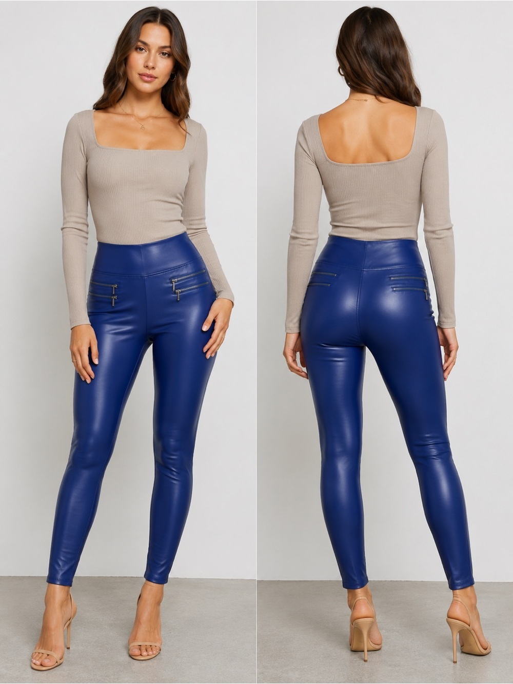 Revamped Royal cobalt blue faux leather high-rise stretchy legging zipper detail